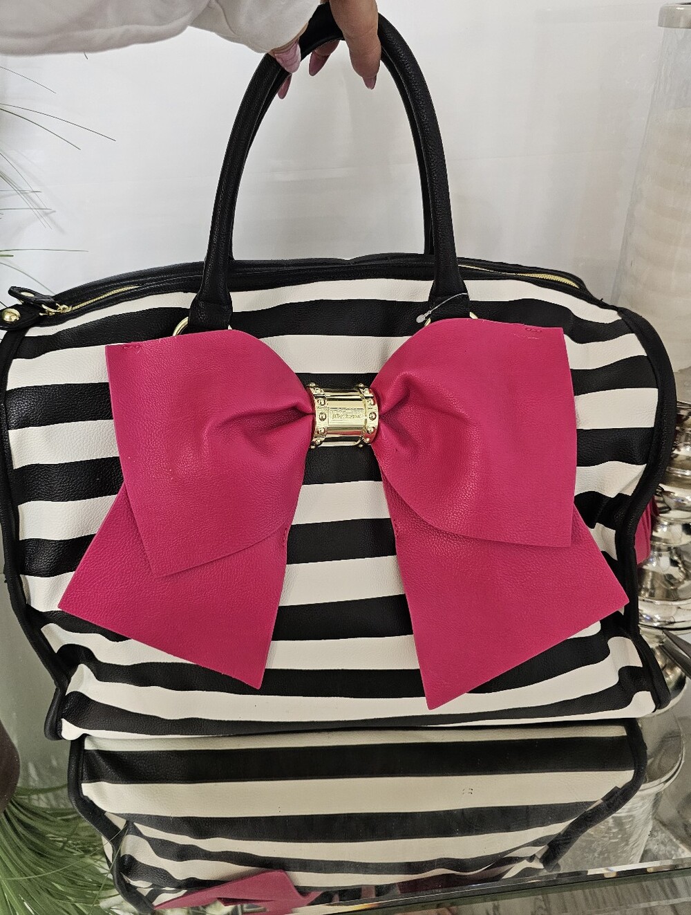 Betsey Johnson Y2K Duffle Bag Black & White Striped with Hot Pink Bow